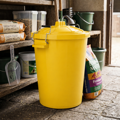 Yellow garden storage container with carry handles and lid