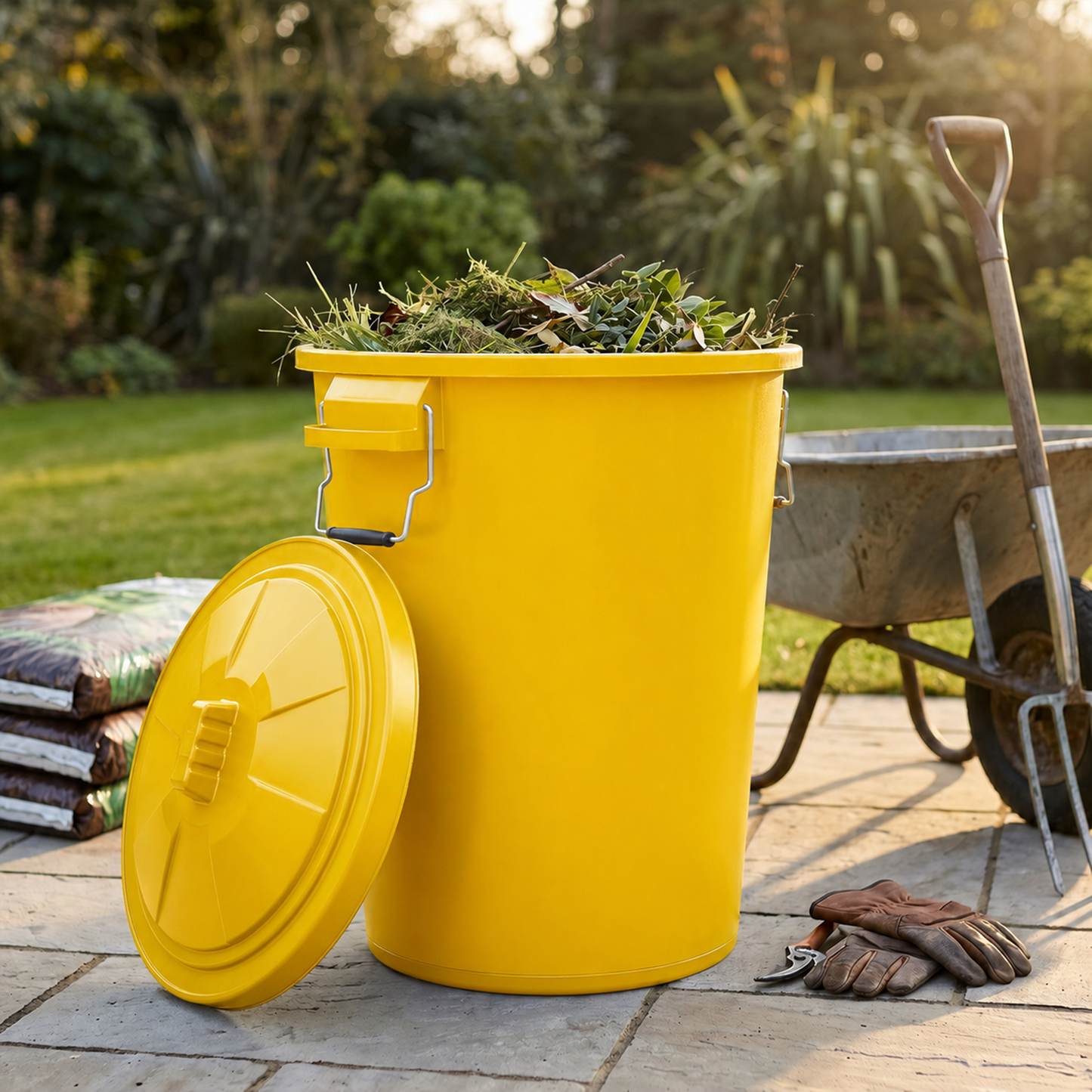 Yellow compost storage bin with locking lid for outdoor use