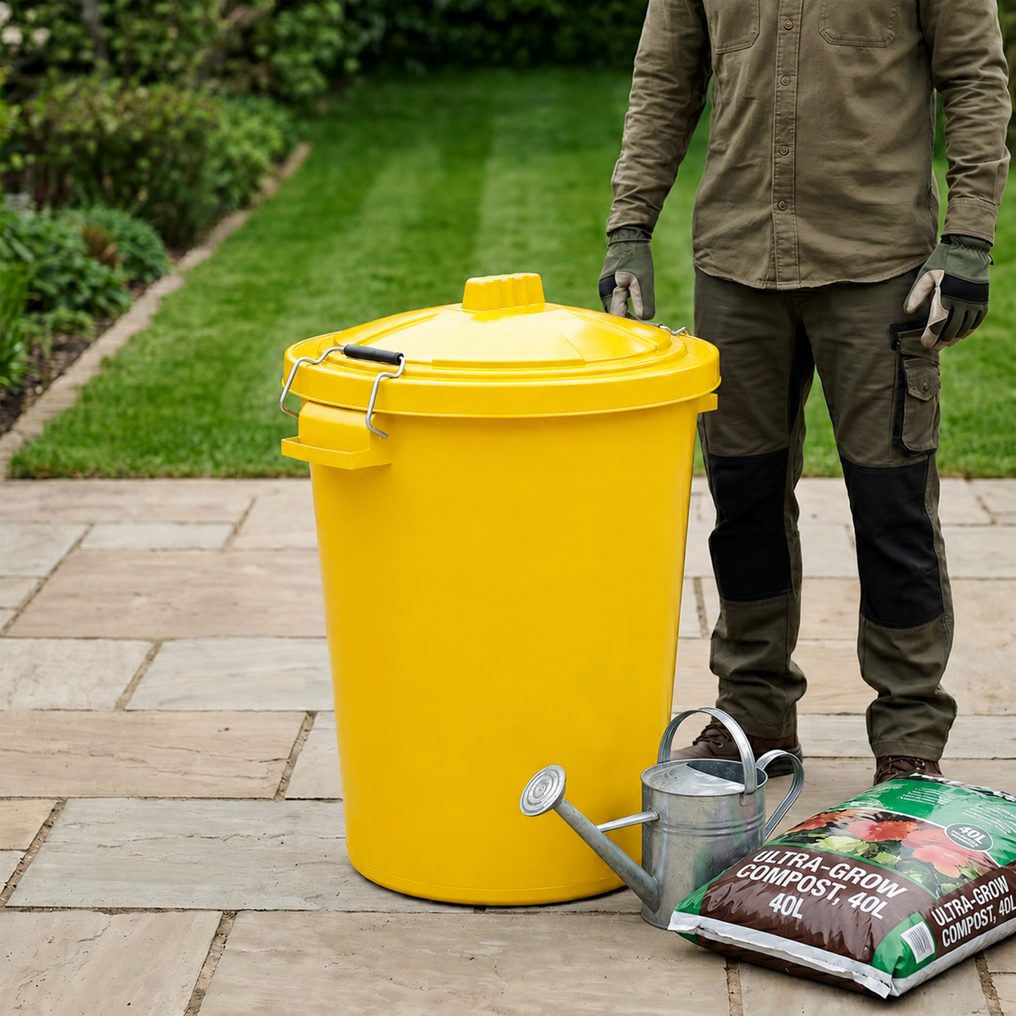 Large yellow plastic bin for bird seed and animal feed storage