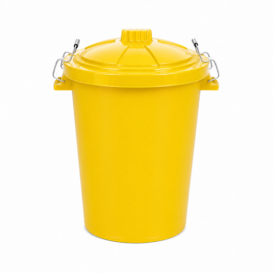 85 litre yellow outdoor storage bin with locking lid and carry handles for garden waste, rubbish and animal feed storage