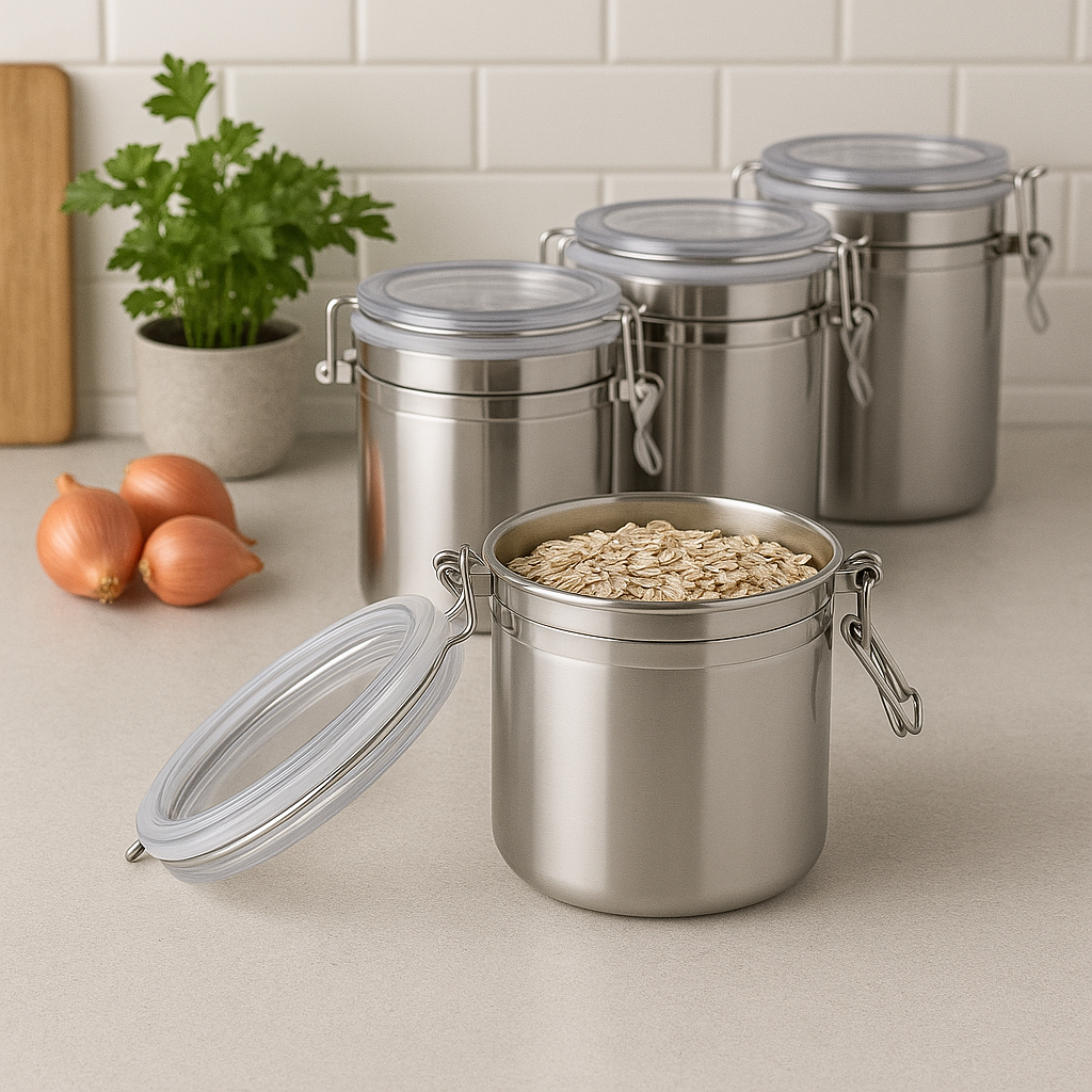 Round Stainless Steel Jar with Acrylic Lid & Lock (4 pack) - Premium Food Storage Boxes from Chabrias Ltd - Just £44.99! Shop now at Chabrias Ltd