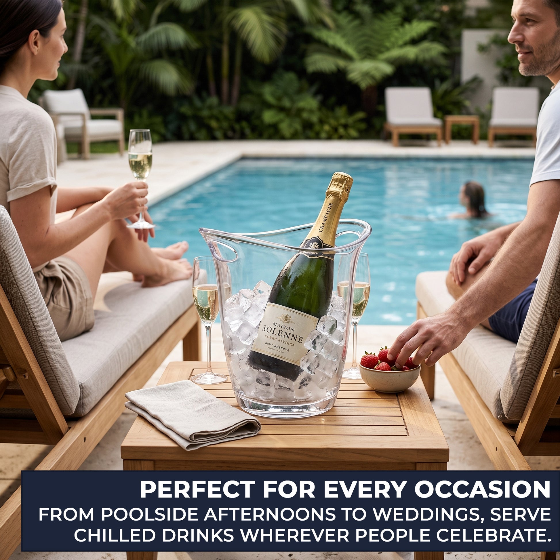 Integrated oval carry handle on clear Champagne ice bucket