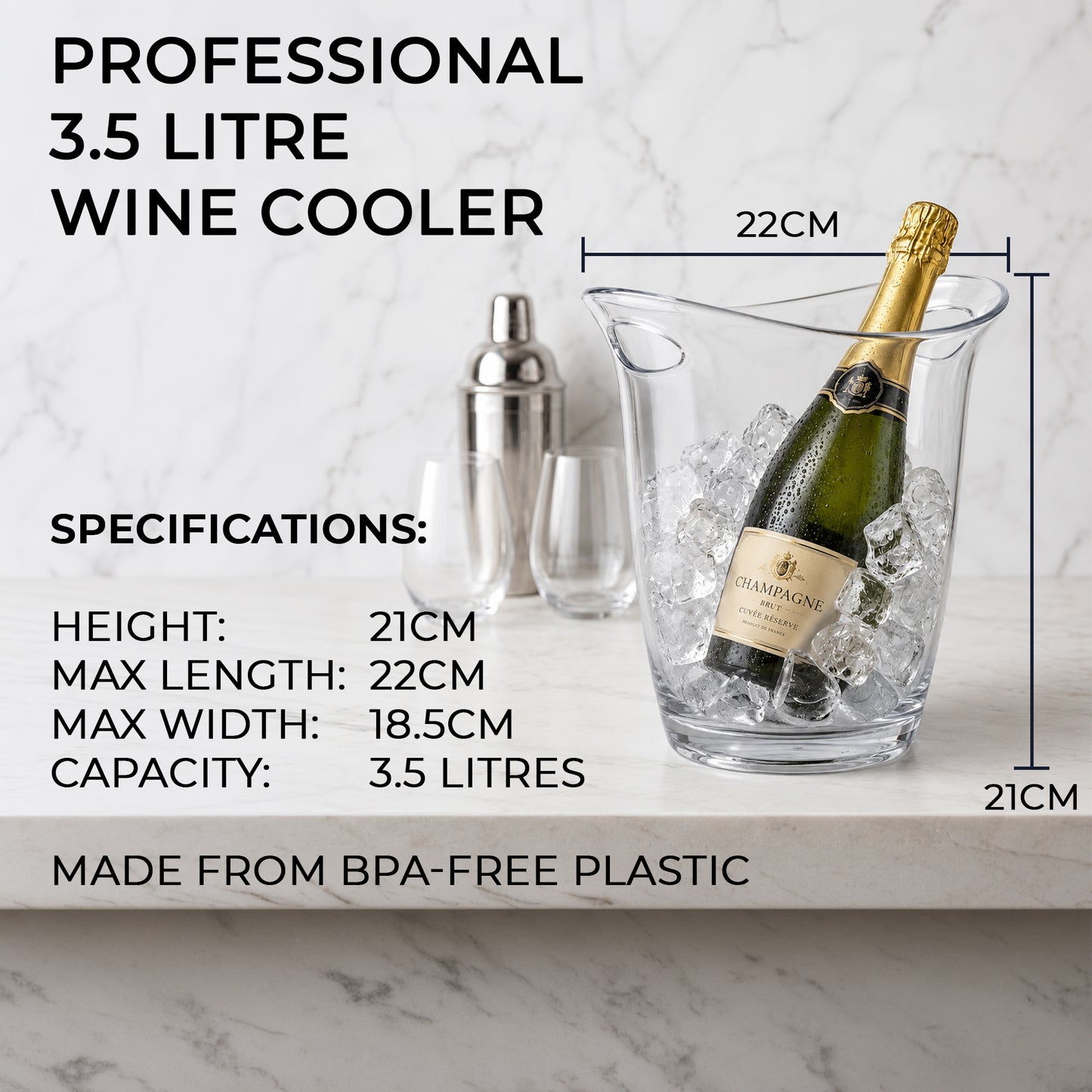 Clear Champagne bucket holding one 75 cl bottle with ice