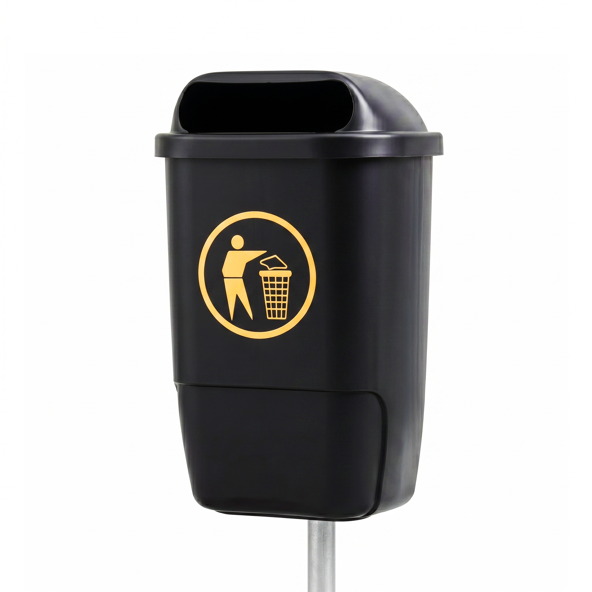 Black post mounted litter bin installed beside a public park pathway