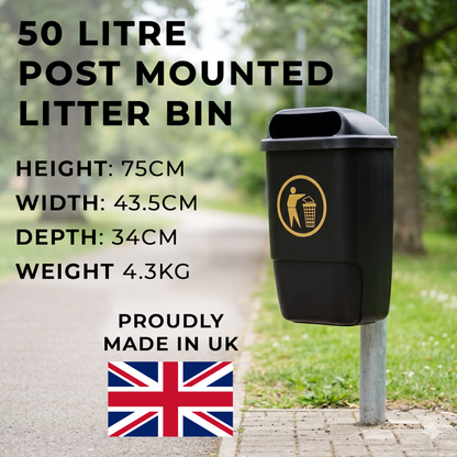 Lockable outdoor litter bin mounted to a galvanised post for public areas