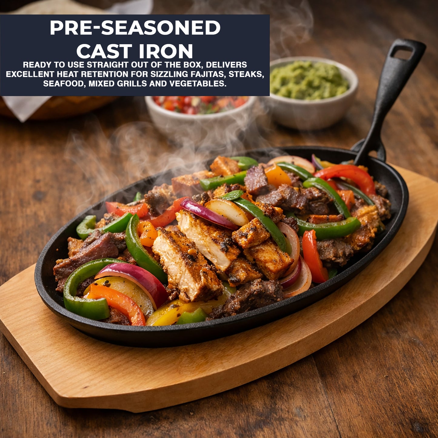 Sizzle Platter Cast Iron, Oval, with Light Wood Undertray & Handle