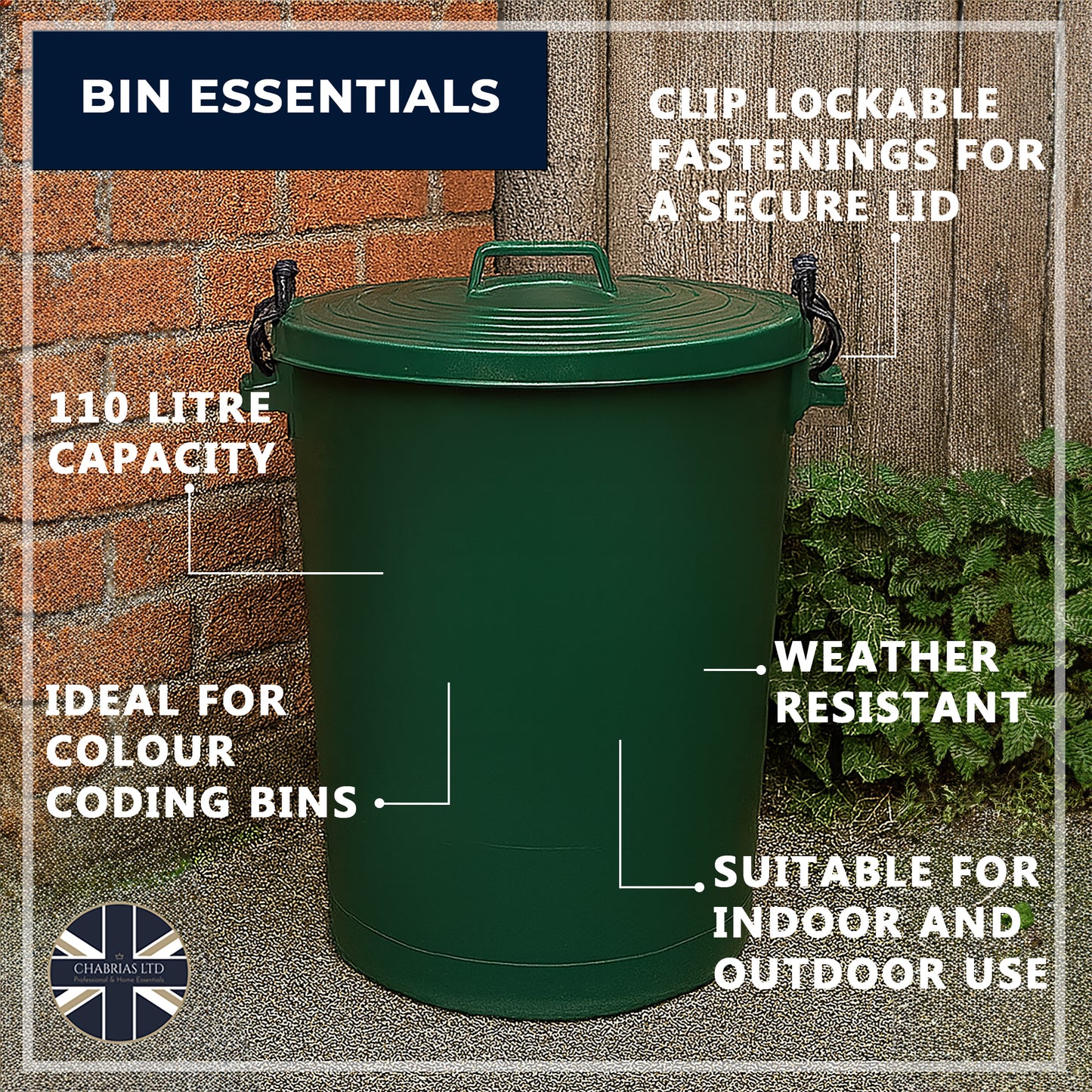 Heavy Duty Plastic Bin, With Locking Clip Lid, Green, 110L - Premium Bins from Chabrias Ltd - Just £34.99! Shop now at Chabrias Ltd