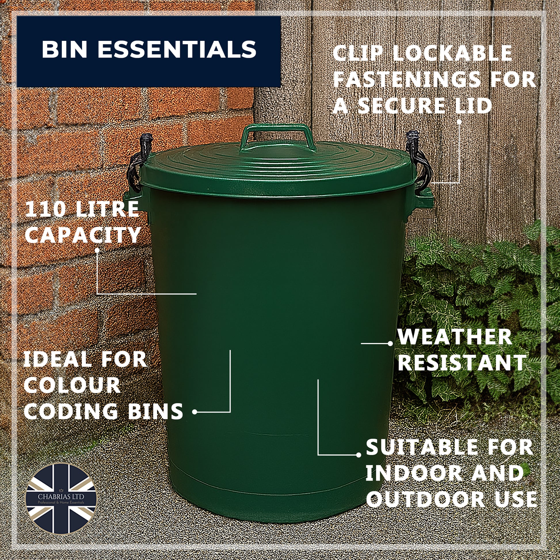 Heavy Duty Plastic Bin, With Locking Clip Lid, Green, 110L - Premium Bins from Chabrias Ltd - Just £34.99! Shop now at Chabrias Ltd