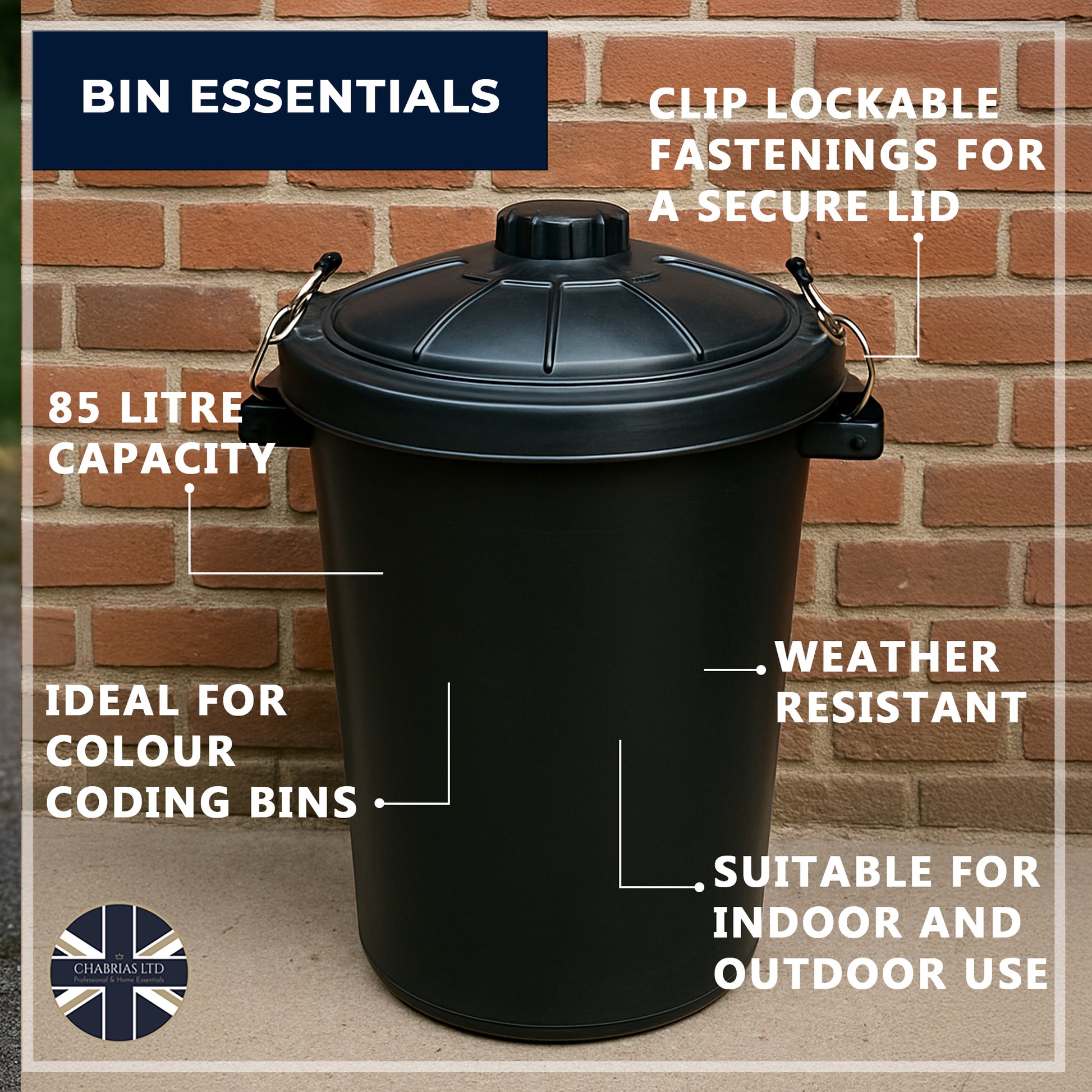 Heavy Duty Plastic Bin, With Locking Clip Lid, Black, 85L - Premium Bins from Chabrias Ltd - Just £29.99! Shop now at Chabrias Ltd