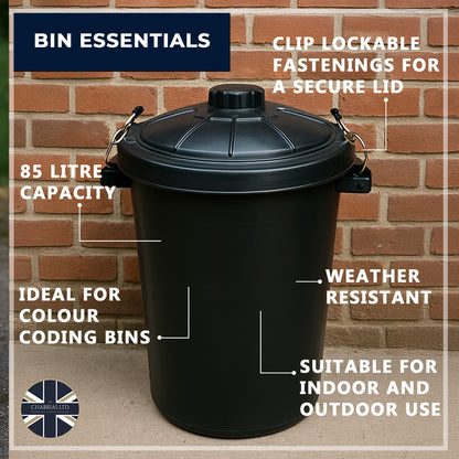 Heavy Duty Plastic Bin, With Locking Clip Lid, Black, 85L - Premium Bins from Chabrias Ltd - Just £29.99! Shop now at Chabrias Ltd