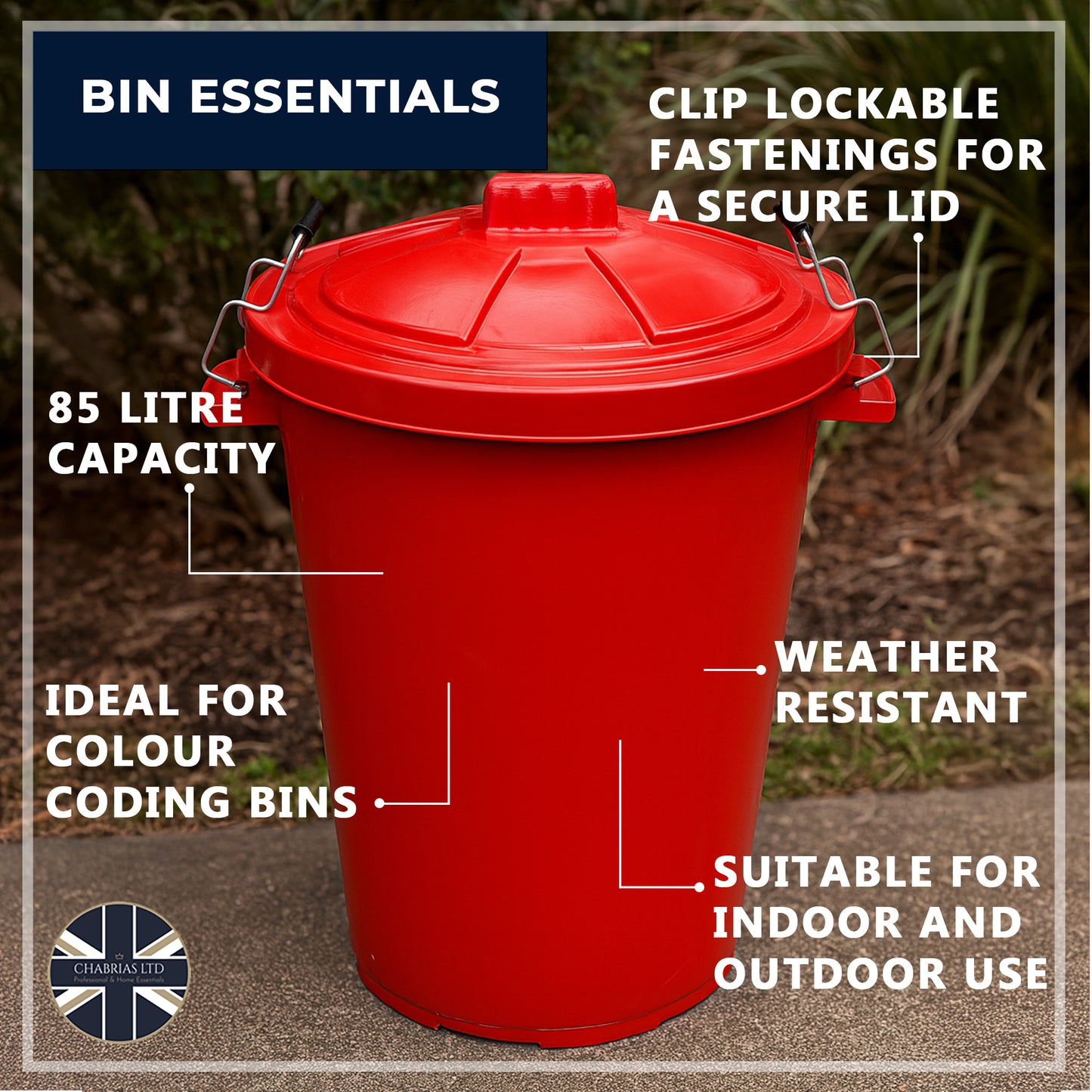 Heavy Duty Plastic Bin, With Locking Clip Lid, Red, 85L - Premium Bins from Chabrias Ltd - Just £29.99! Shop now at Chabrias Ltd