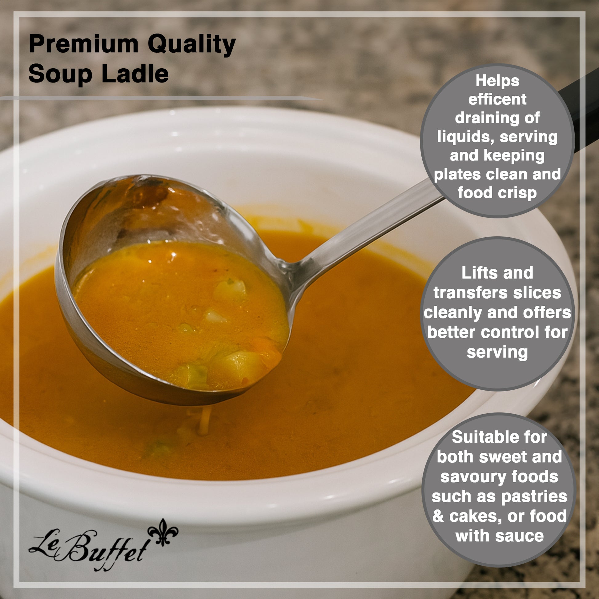 Le Buffet 4oz Soup Ladle – Stainless Steel with Heat-Resistant Handle (Black) - Premium Kitchen from Chabrias Ltd - Just £7.99! Shop now at Chabrias Ltd
