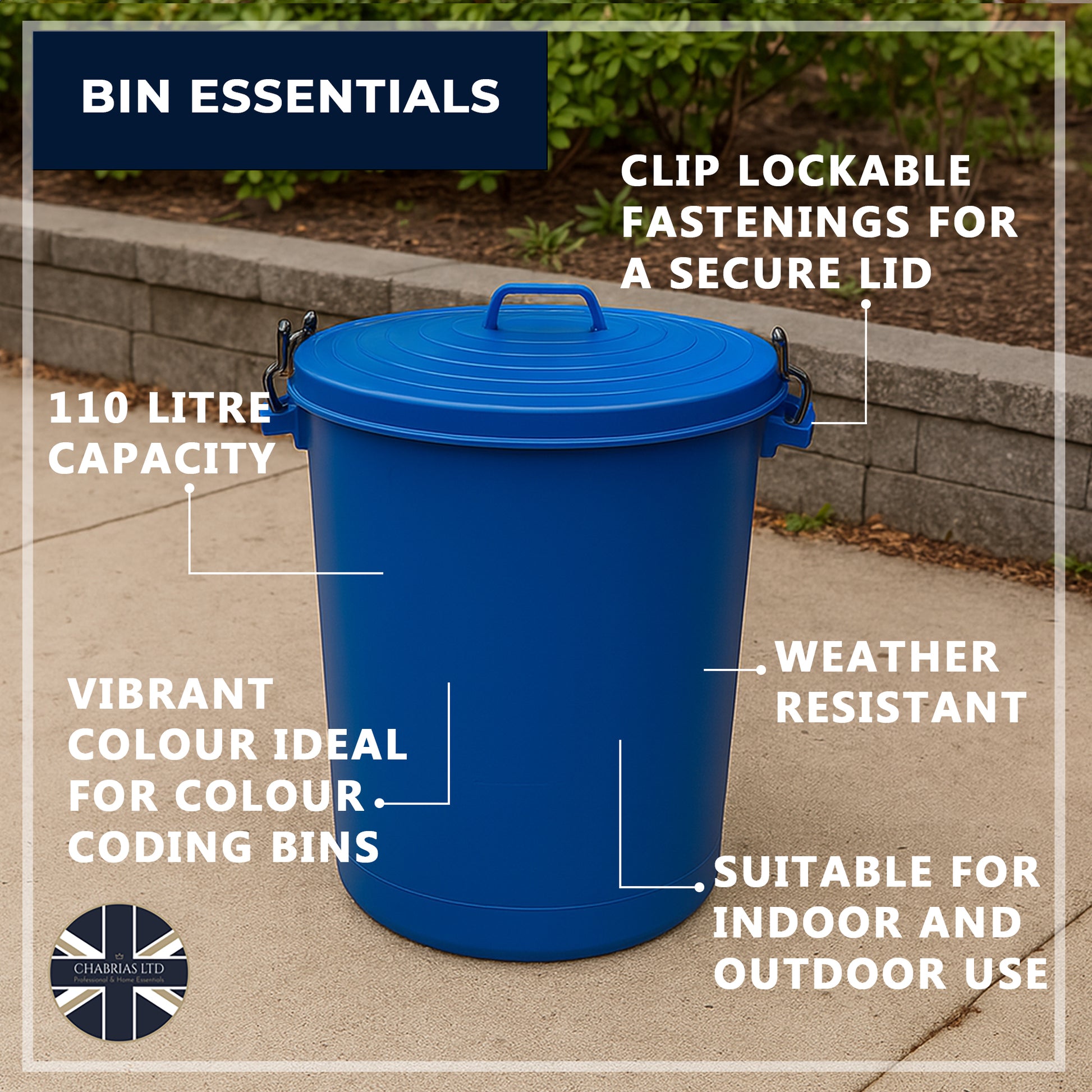 Heavy Duty Plastic Bin, With Locking Clip Lid, Blue, 110L - Premium Bins from Chabrias Ltd - Just £34.99! Shop now at Chabrias Ltd