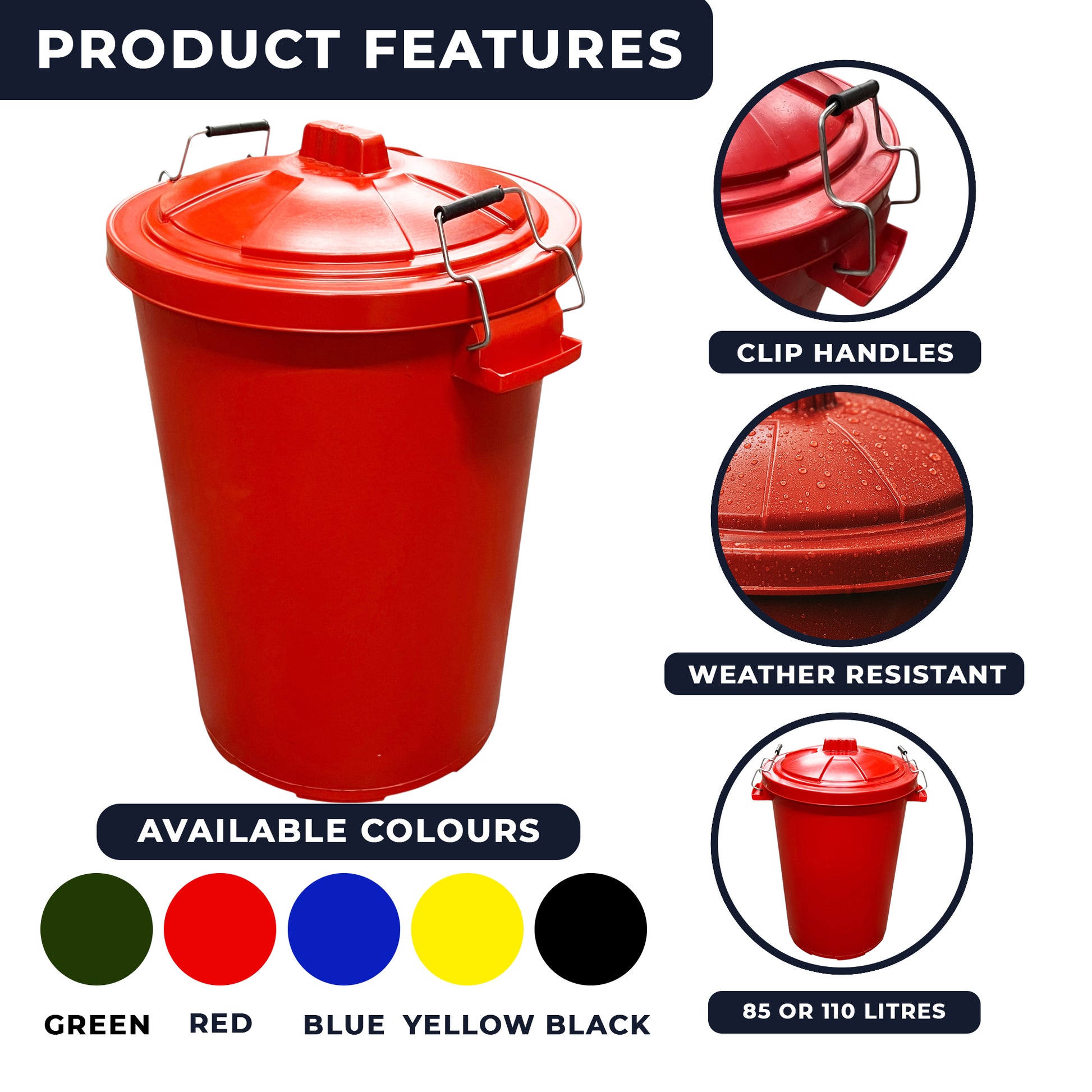 Heavy Duty Plastic Bin, With Locking Clip Lid, Red, 85L - Premium Bins from Chabrias Ltd - Just £29.99! Shop now at Chabrias Ltd