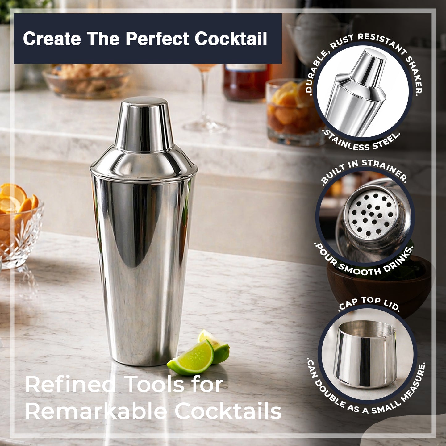 Premium Stainless Steel Cocktail Shaker Set 3 Piece 750ml Built-In Strainer Professional Bartender Kit Leakproof Dishwasher Safe