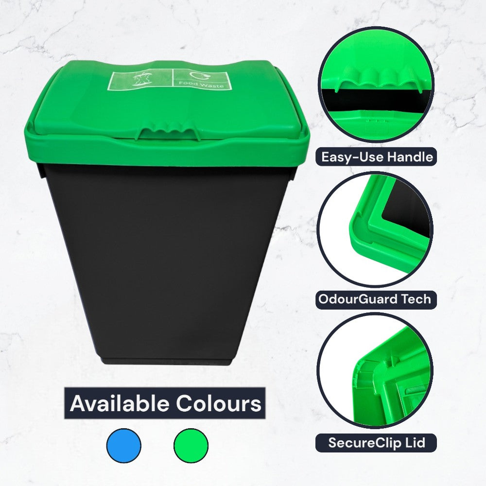 50 Litre Recycling Bin with Green Swing Lid & Food Waste Sticker Included - Premium Bins from Chabrias Ltd - Just £34.99! Shop now at Chabrias Ltd