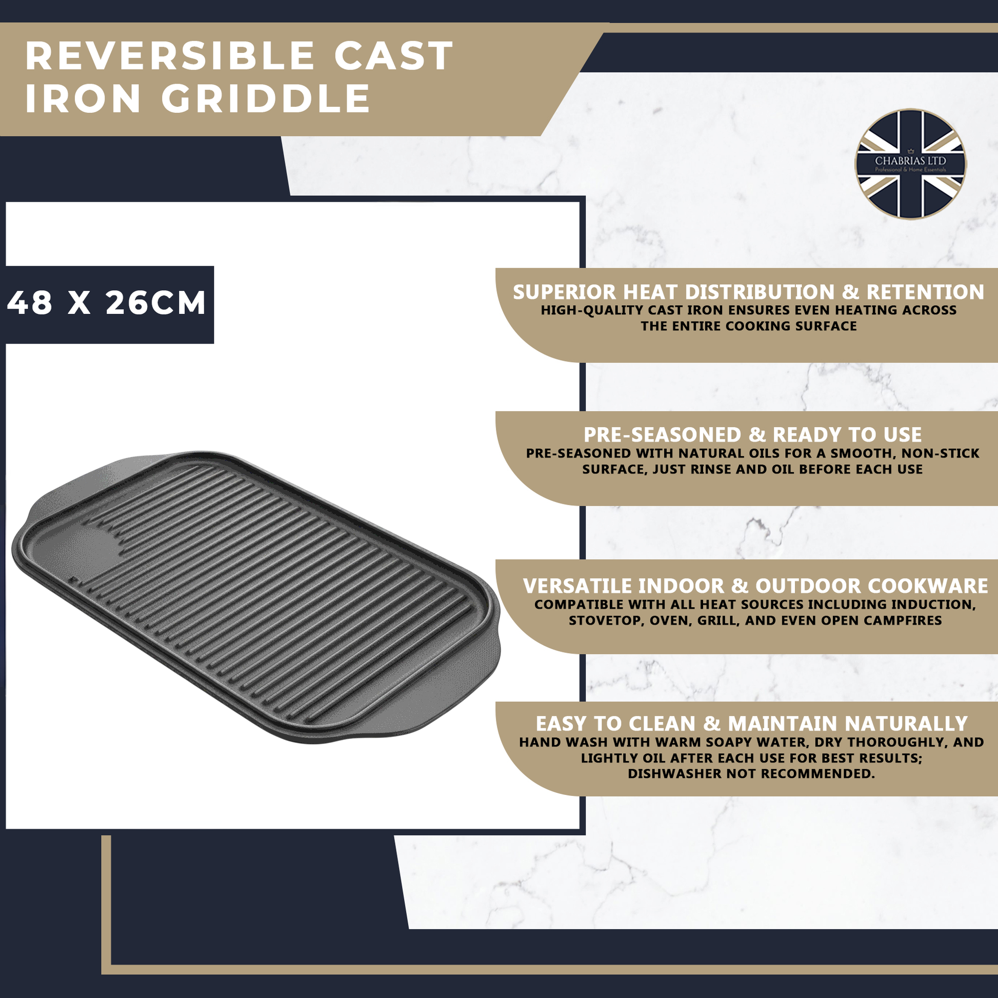 Professional Cast Iron Reversible Griddle Tray – 48cm x 26cm - Premium Kitchen from Chabrias Ltd - Just £33.99! Shop now at Chabrias Ltd