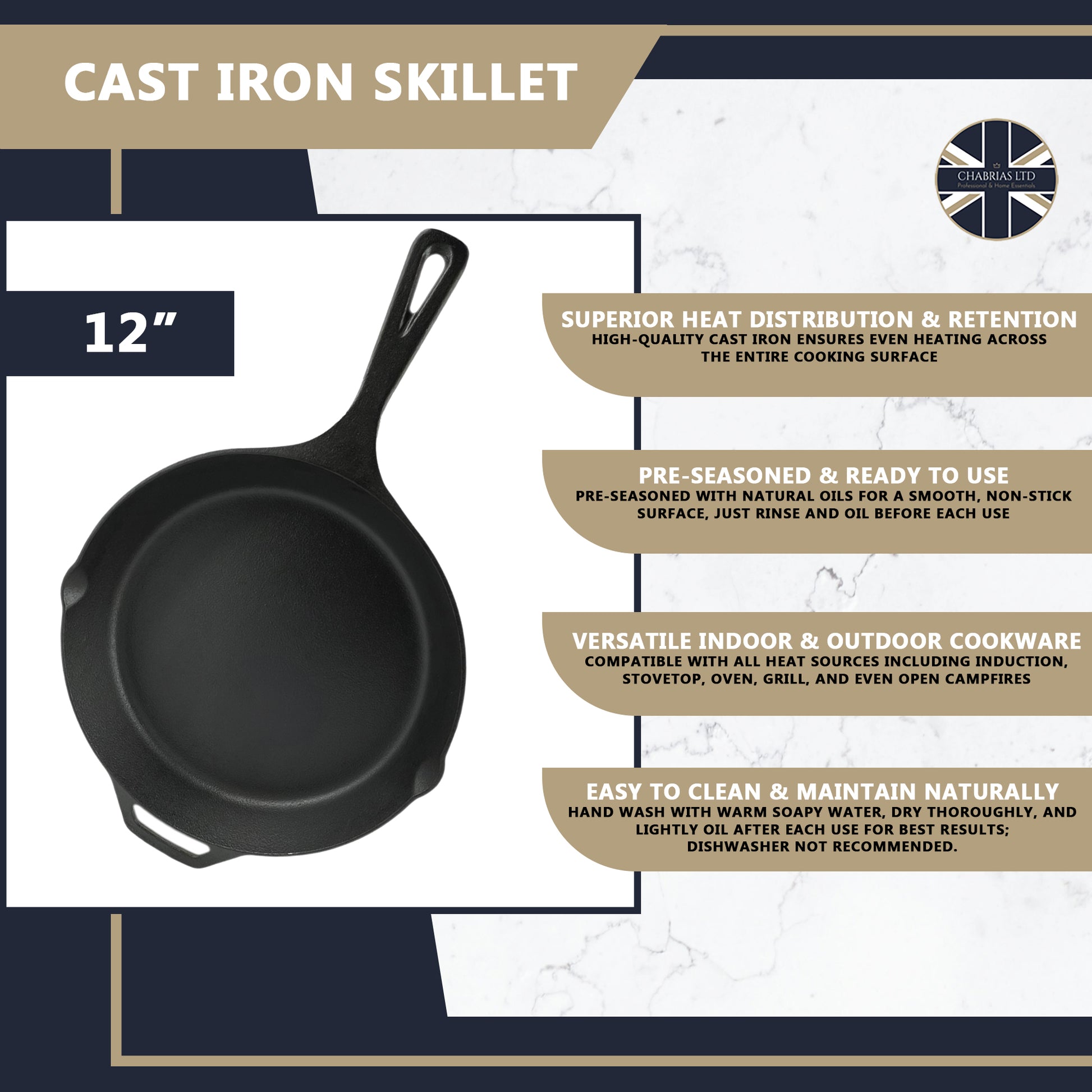 Pro Cast Iron Skillet Frying Pan – Large 30cm - Premium WAY from Chabrias Ltd - Just £24.99! Shop now at Chabrias Ltd
