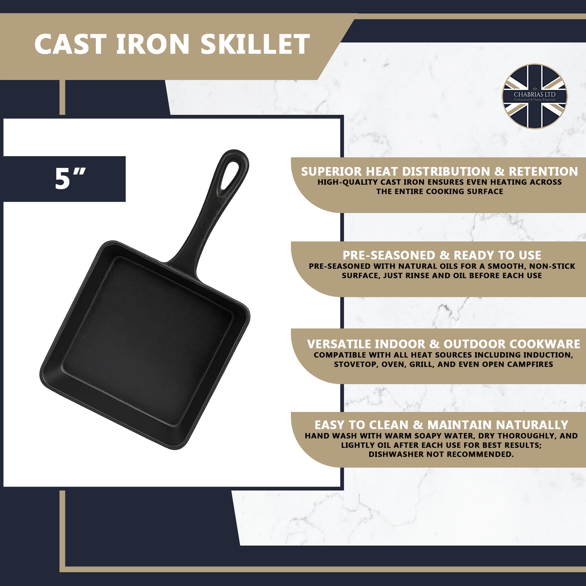 Pro Cast Iron Skillet Square Pan – 14cm x 14cm - Premium Home from Chabrias Ltd - Just £9.99! Shop now at Chabrias Ltd