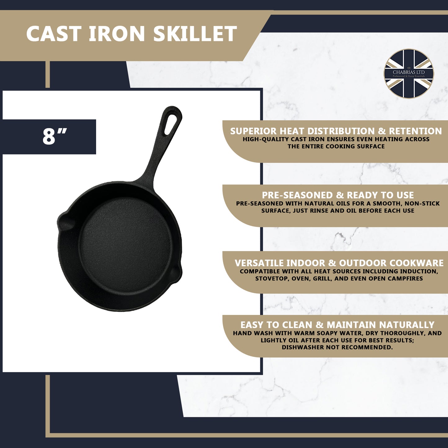 Pro Cast Iron Skillet – Small 20cm - Premium Kitchen from Chabrias Ltd - Just £15.99! Shop now at Chabrias Ltd