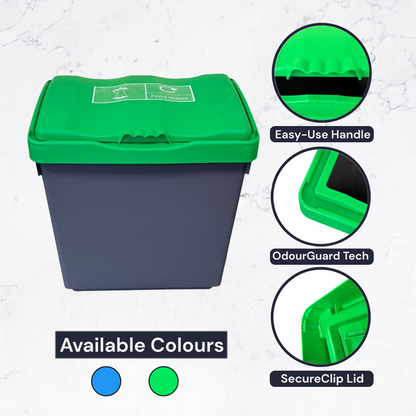30 Litre Recycling Bin with Green Swing Lid & Food Waste Sticker Included - Premium Bins from Chabrias Ltd - Just £29.99! Shop now at Chabrias Ltd