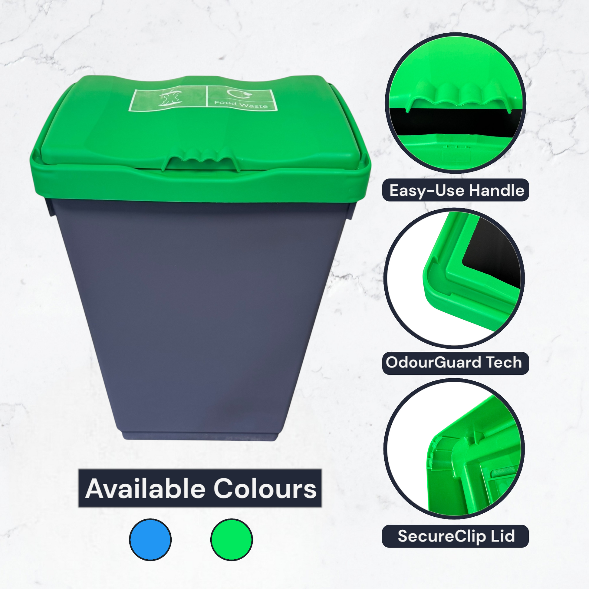 50 Litre Recycling Bin with Green Swing Lid & Food Waste Sticker Included - Premium Bins from Chabrias Ltd - Just £34.99! Shop now at Chabrias Ltd