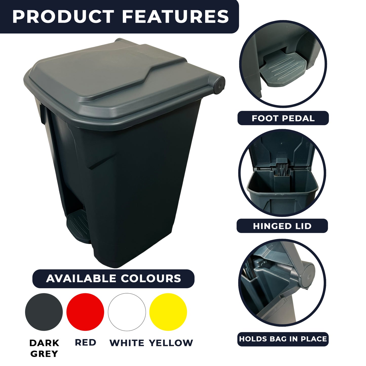 Grey pedal bin with odour-containing lid and durable polypropylene body