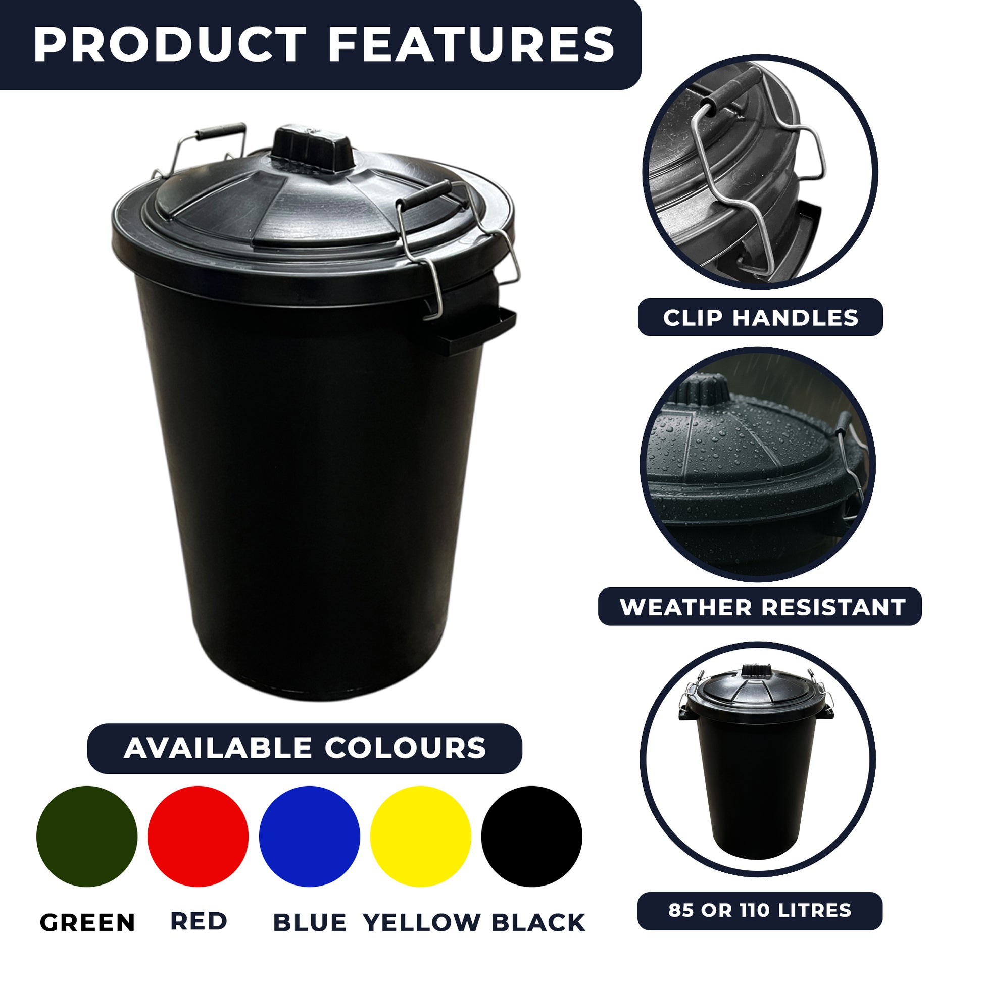 Heavy Duty Plastic Bin, With Locking Clip Lid, Black, 85L - Premium Bins from Chabrias Ltd - Just £29.99! Shop now at Chabrias Ltd