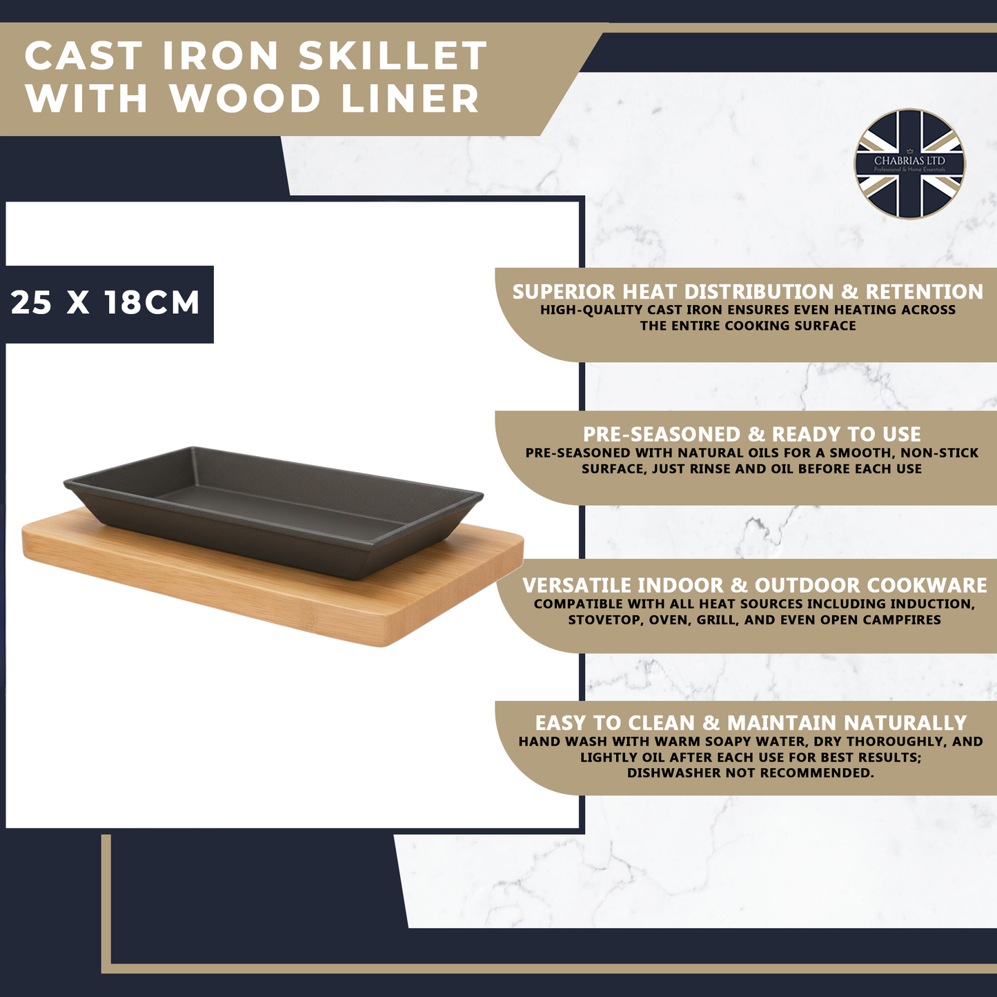 Pro Cast Iron Sizzling Dish with Wooden Serving Base, 25 x 18cm - Premium Kitchen from Chabrias Ltd - Just £24.99! Shop now at Chabrias Ltd