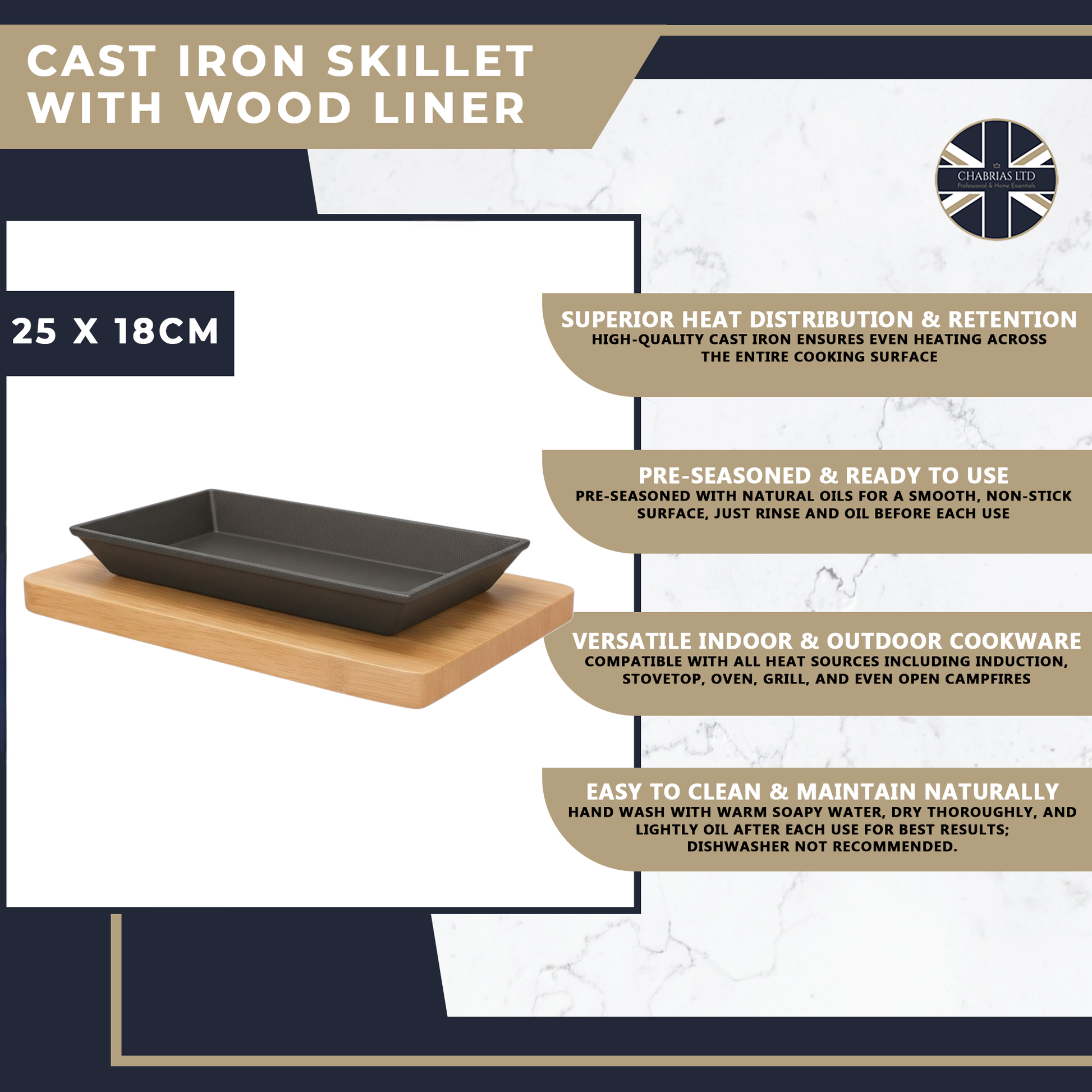 Pro Cast Iron Sizzling Dish with Wooden Serving Base, 25 x 18cm - Premium Kitchen from Chabrias Ltd - Just £24.99! Shop now at Chabrias Ltd