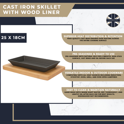 Pro Cast Iron Sizzling Dish with Wooden Serving Base, 25 x 18cm - Premium Kitchen from Chabrias Ltd - Just £24.99! Shop now at Chabrias Ltd