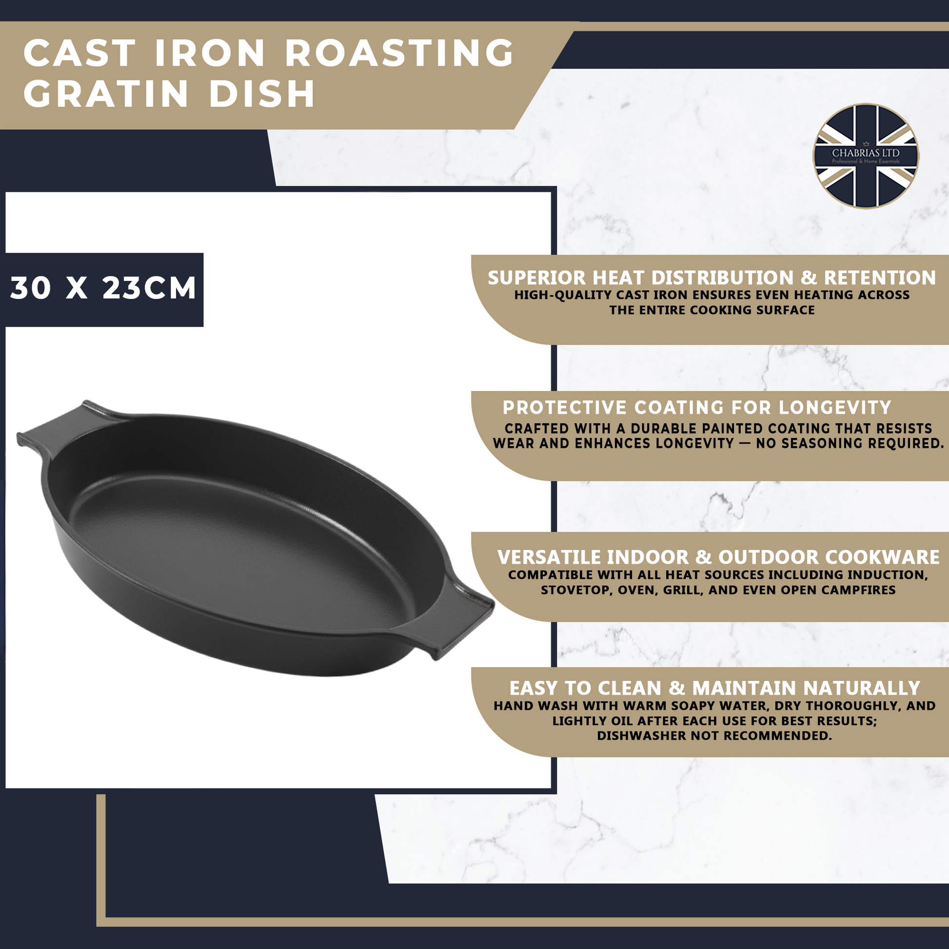 Enamel Cast Iron Roasting Gratin Dish, 30 x 23cm - Premium Kitchen from Chabrias Ltd - Just £39.99! Shop now at Chabrias Ltd