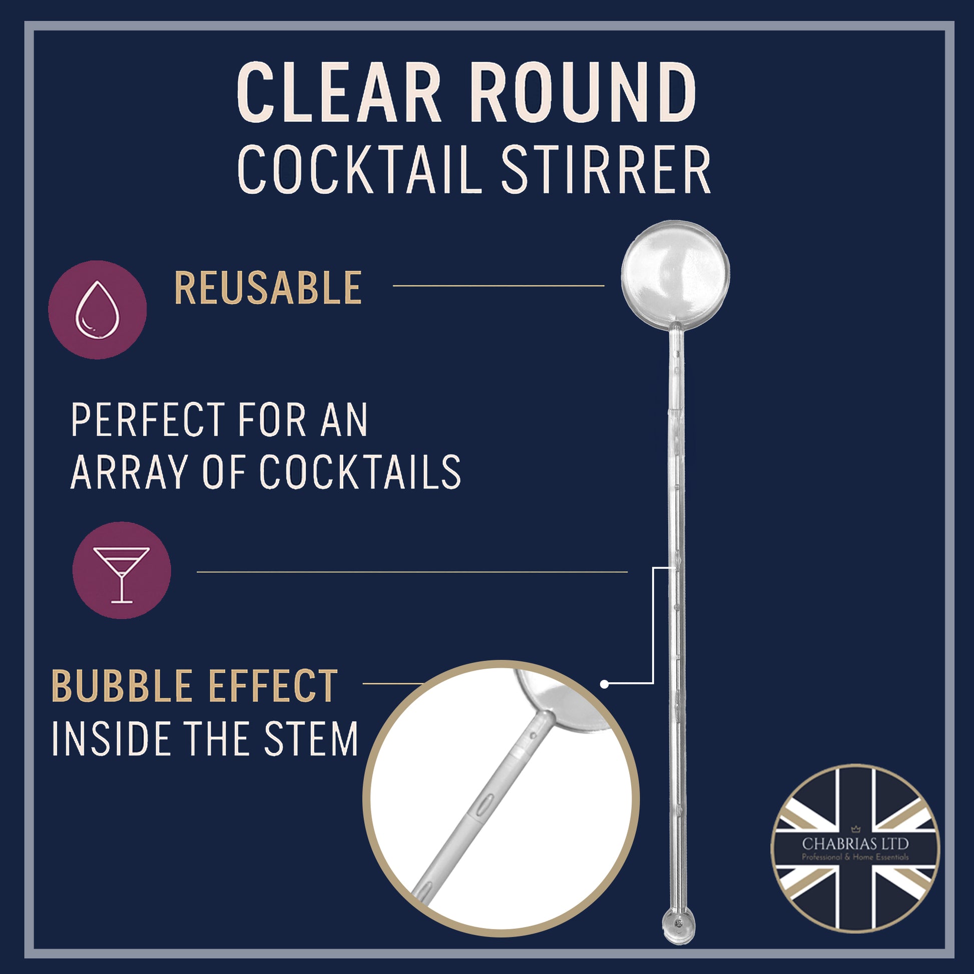 Clear UK Made Reusable Plastic Cocktail Disk Stirrers With Bubble Effect Stem - Premium Quality Stir Sticks for Mixing and Garnishing Drinks - Premium Kitchen from Chabrias Ltd - Just £8.54! Shop now at Chabrias Ltd