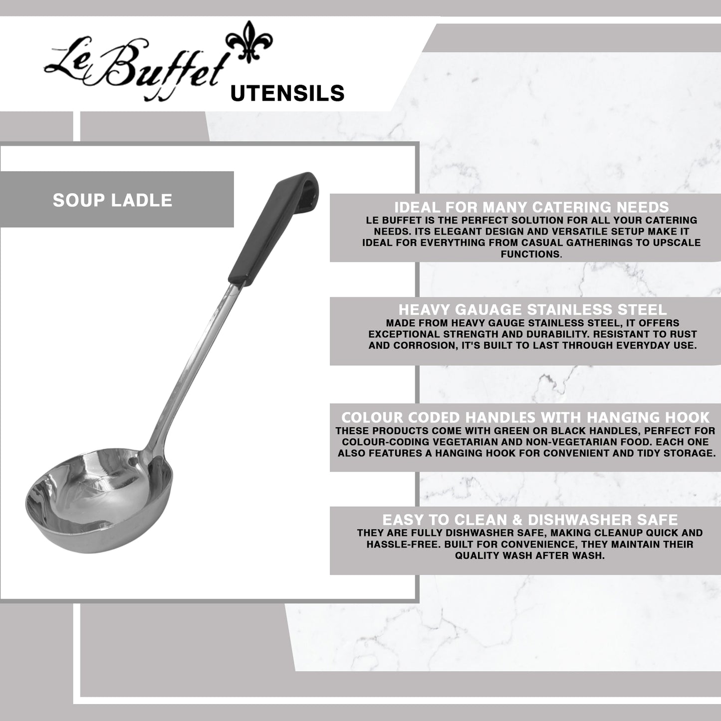 Le Buffet 7oz Serving Ladle – Stainless Steel with Heat-Resistant Handle (Black) - Premium Kitchen from Chabrias Ltd - Just £7.99! Shop now at Chabrias Ltd