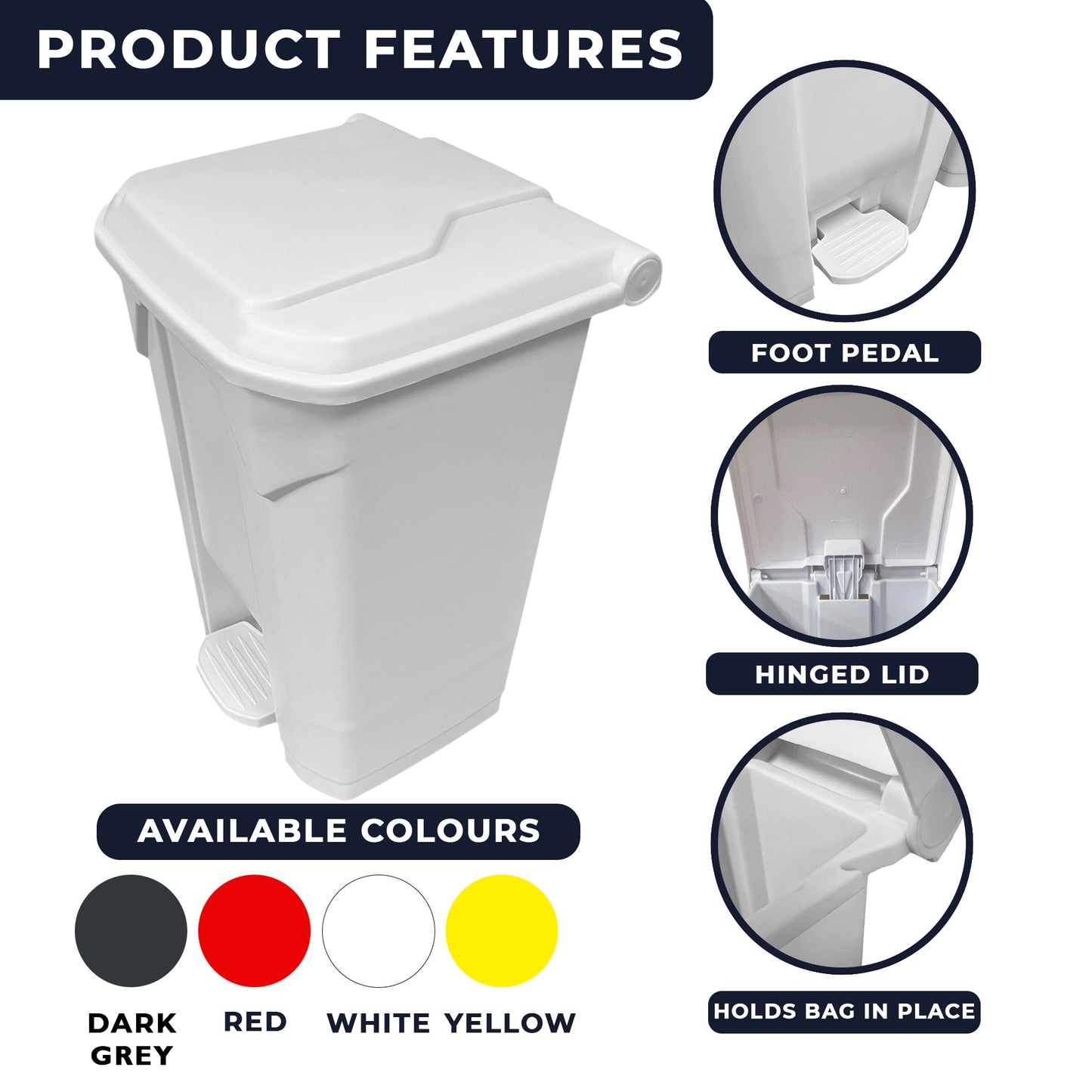 50L white hospital waste bin with durable foot pedal opening system