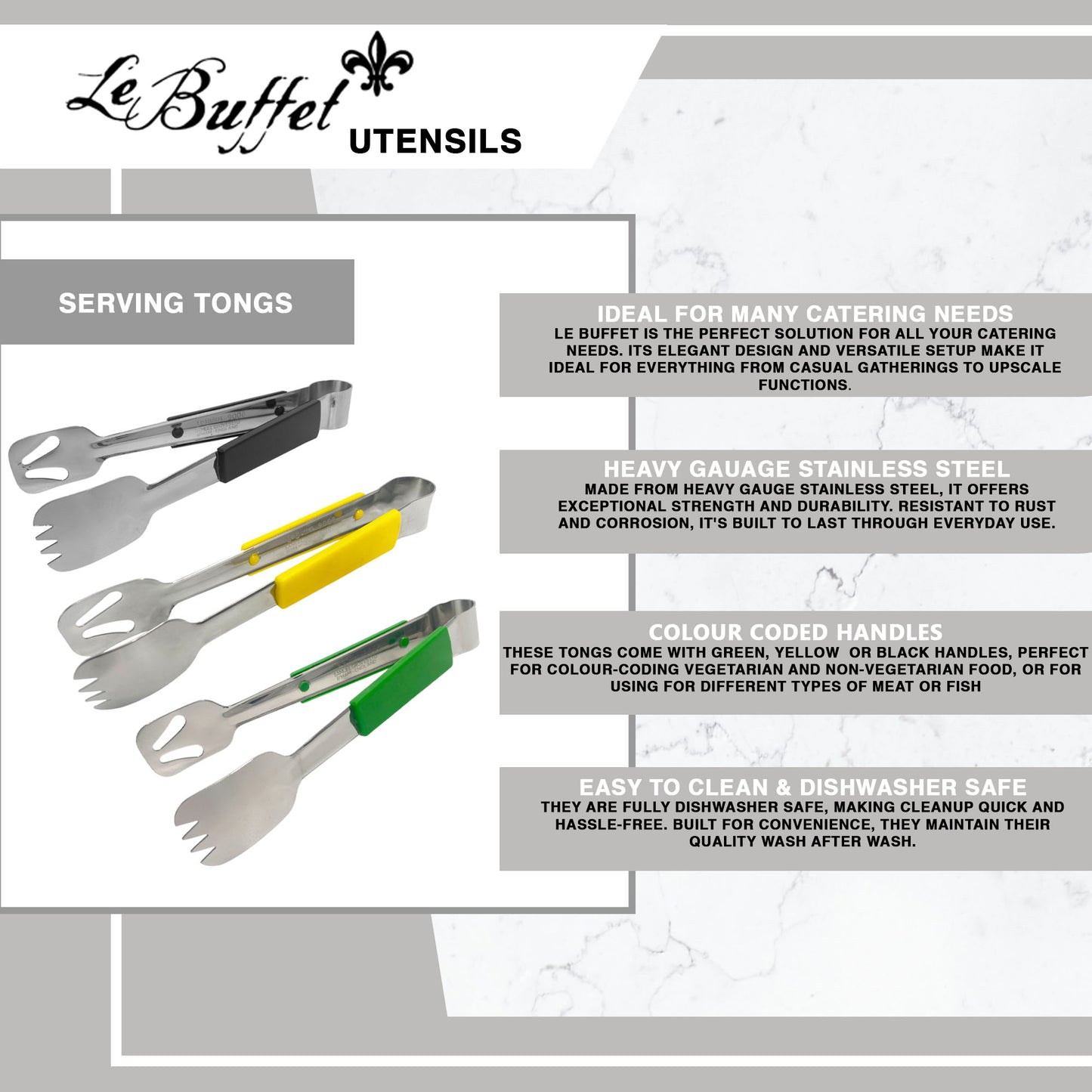 Le Buffet Stainless Steel Serving Tongs Set – Colour Coded Handles (Black, Yellow, Green) - Premium Kitchen from Chabrias Ltd - Just £25.99! Shop now at Chabrias Ltd