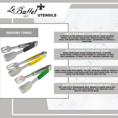 Le Buffet Stainless Steel Serving Tongs Set – Colour Coded Handles (Black, Yellow, Green) - Premium Kitchen from Chabrias Ltd - Just £25.99! Shop now at Chabrias Ltd