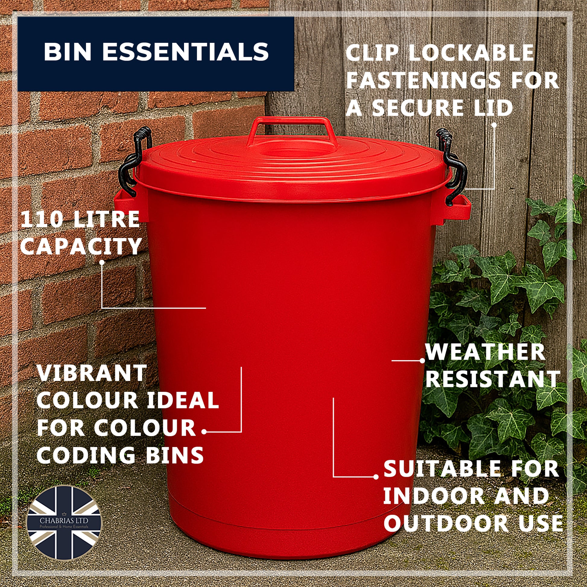 Heavy Duty Plastic Bin, With Locking Clip Lid, Red, 110L - Premium Bins from Chabrias Ltd - Just £34.99! Shop now at Chabrias Ltd