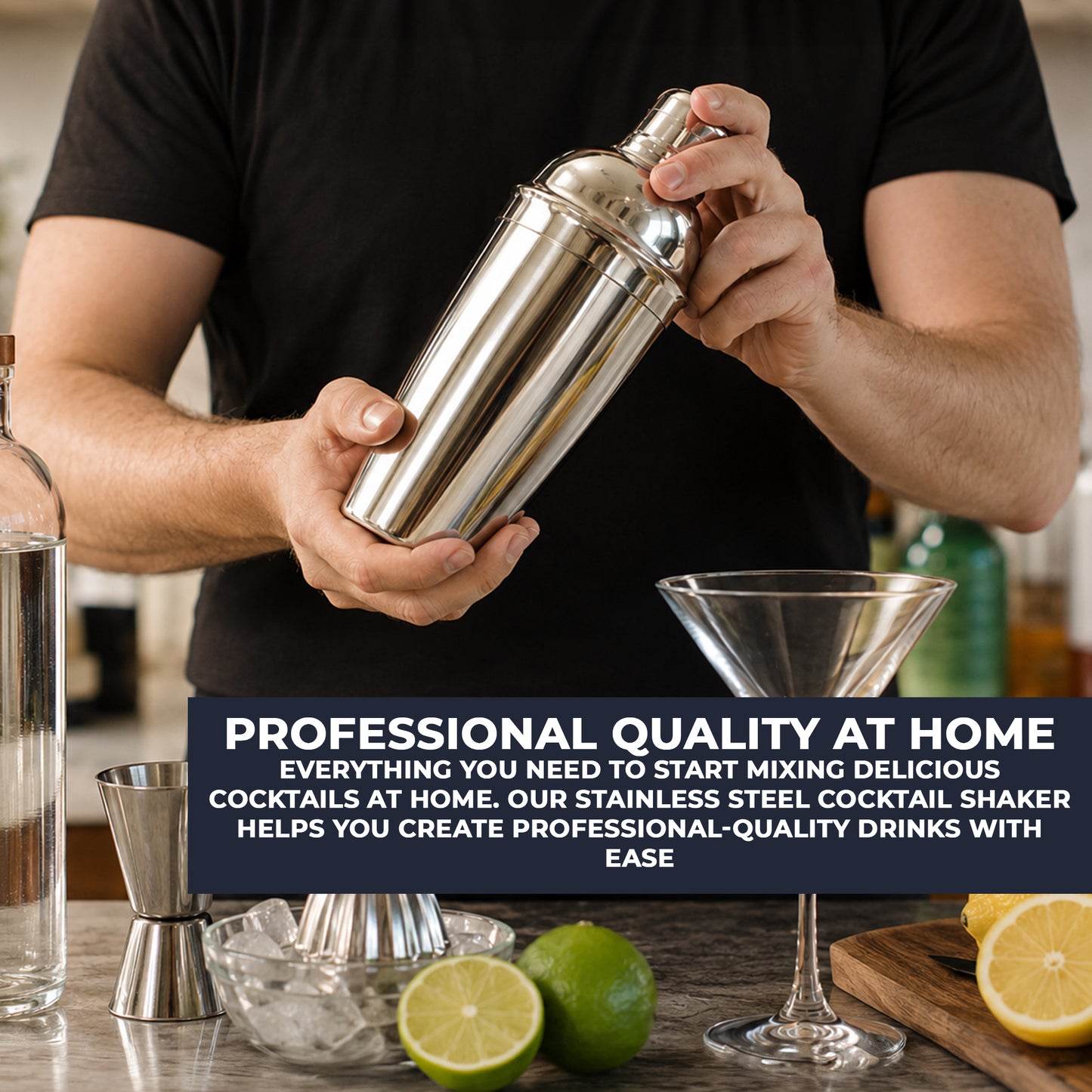 750ml Stainless Steel Cocktail Shaker with Built In Strainer Bar Tool