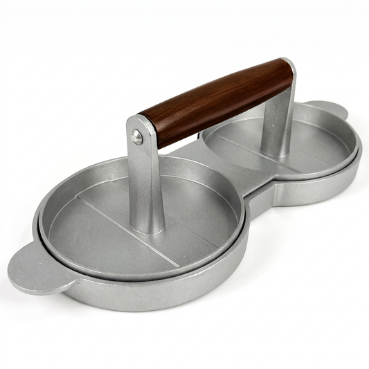 Chabrias Ltd Double Burger Press Quarter Pounder Maker | Non-Stick Cast Aluminium Burger Patty Mould with Wooden Handle - Perfect for Homemade Quarter Pounder Burgers | 28x12x9cm