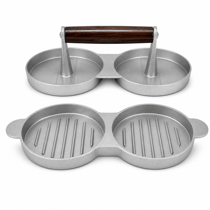 Chabrias Ltd Double Burger Press Quarter Pounder Maker | Non-Stick Cast Aluminium Burger Patty Mould with Wooden Handle - Perfect for Homemade Quarter Pounder Burgers | 28x12x9cm