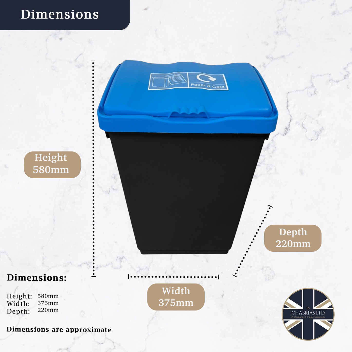 50 Litre Recycling Bin with Blue Swing Lid & Paper and Card Sticker Included - Premium Bins from Chabrias Ltd - Just £34.99! Shop now at Chabrias Ltd