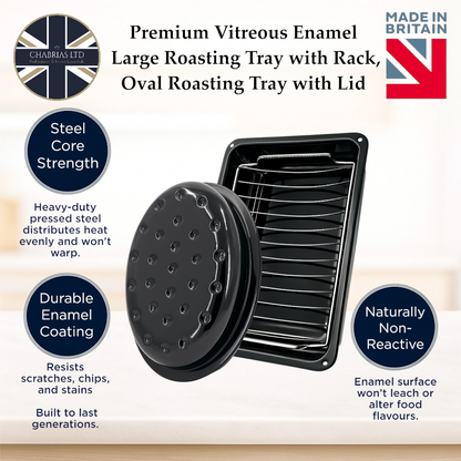 Vitreous Enamel Oval Roasting Tin with Lid & Roasting Tray with Rack (33, 37cm) - Premium Kitchen from Chabrias Ltd - Just £28.99! Shop now at Chabrias Ltd