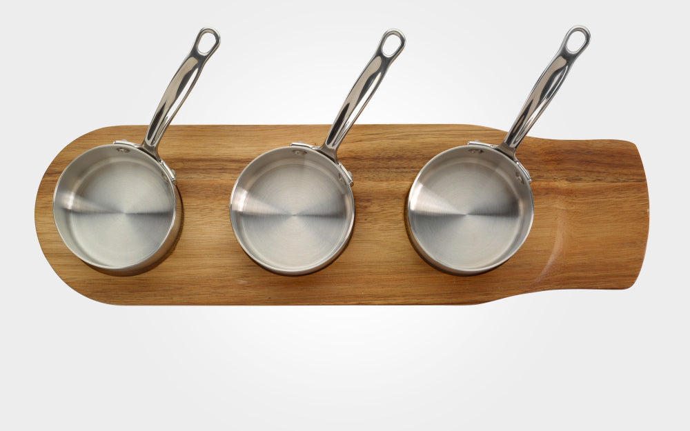 3-piece 9cm stainless steel saucepans with wooden tray.