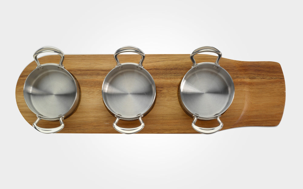 3-piece 9cm stainless steel casserole set with wooden tray