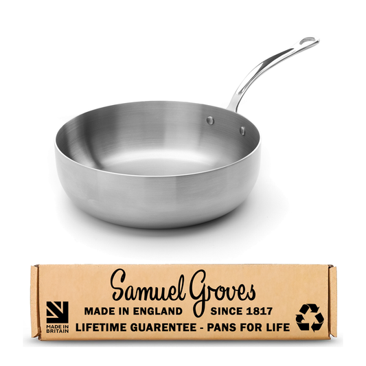 Stainless steel frying pan with Samuel Groves packaging on a white background