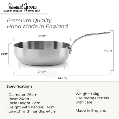 Stainless steel pan with dimensions and specifications on a white background, featuring the brand 'Samuel Groves'.
