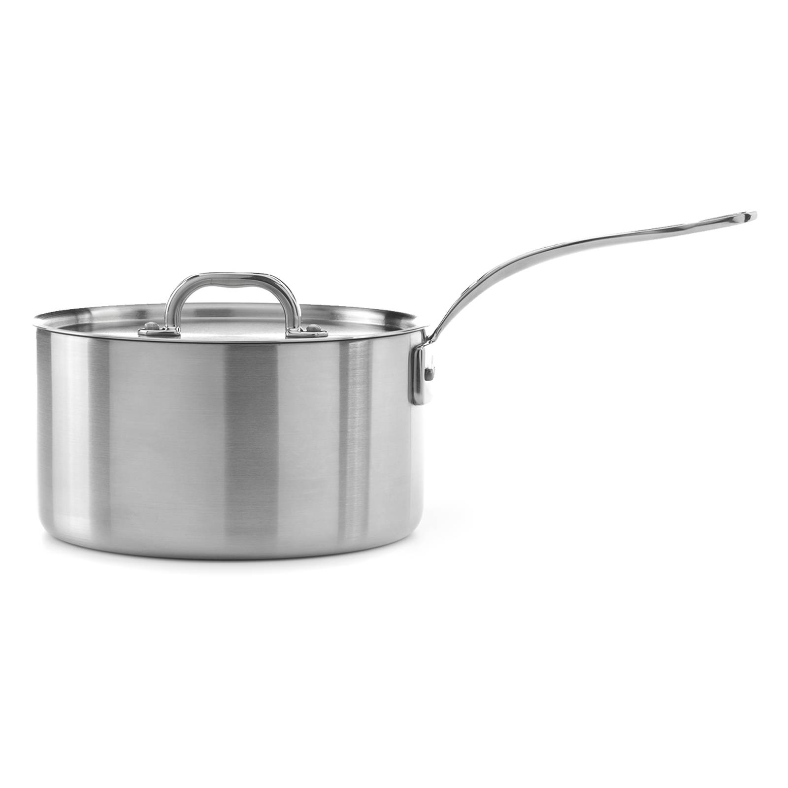 Stainless steel saucepan with lid on a white background