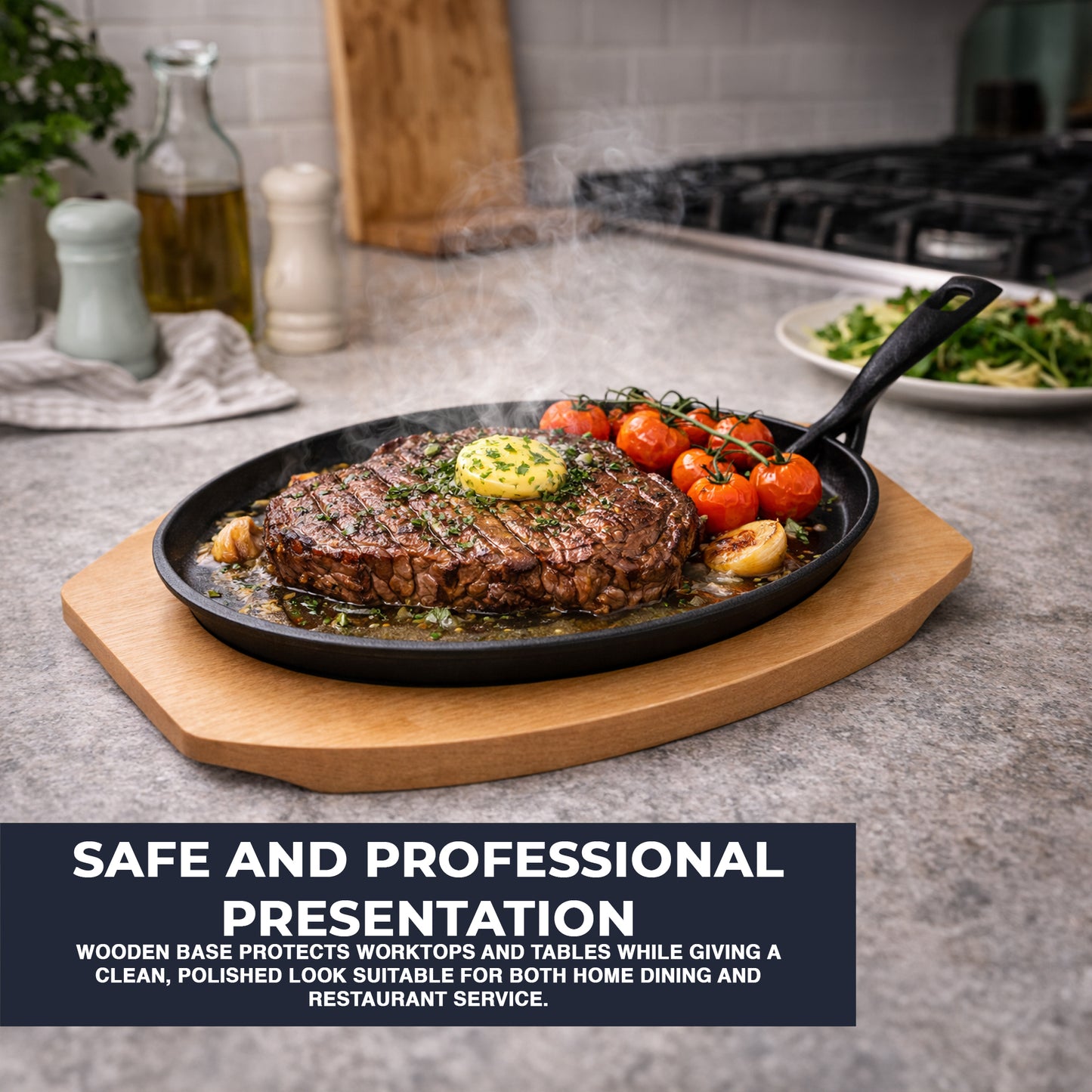 Sizzle Platter Cast Iron, Oval, with Light Wood Undertray & Handle