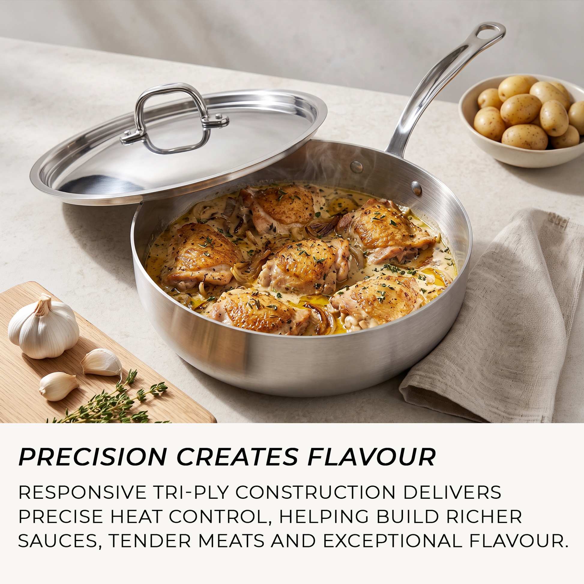 26cm stainless steel chef pan with lid for induction, gas, electric and oven cooking